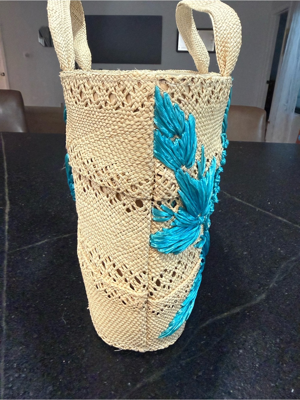 Vintage Raffia tote/beach bag with Raffia Floral Embroidered turquoise flowers - Picture 5 of 11